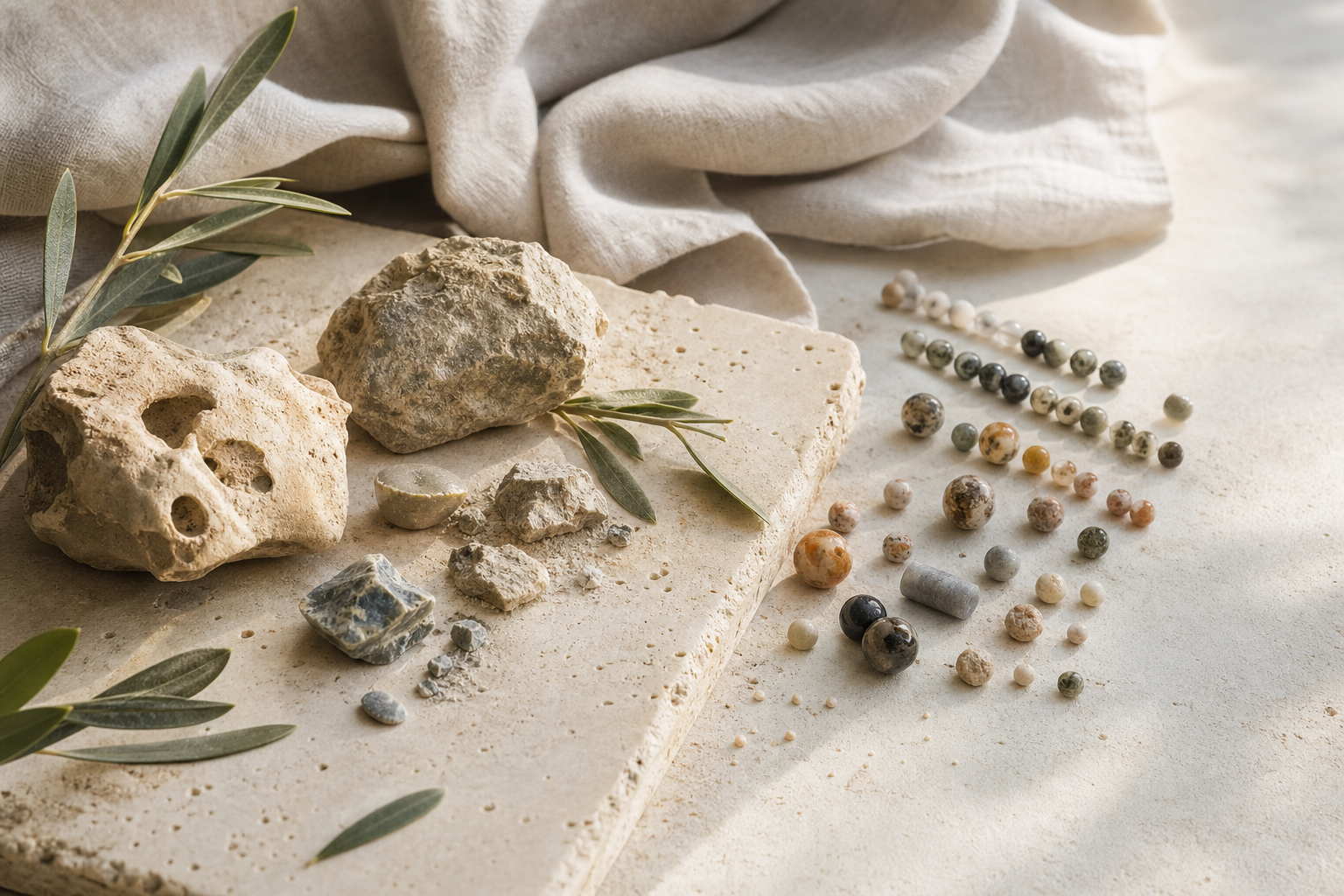 Pierres brutes et perles naturelles disposées sur du calcaire et du lin